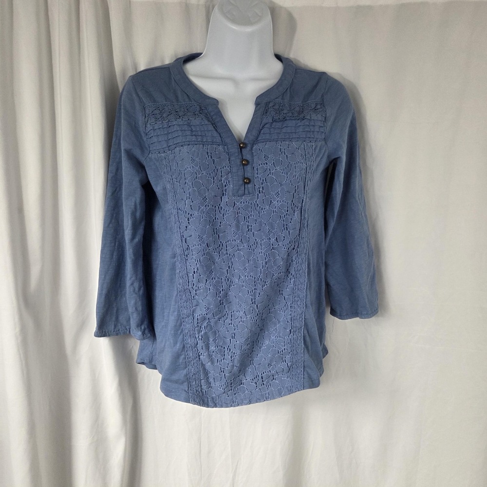 Style & Co Shirt Womens Petite PP Blue Henley 3/4 Sleeve Crochet Tunic Top